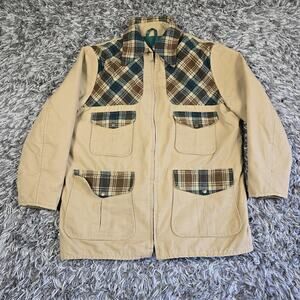 Vintage Eddie Bauer Jacket Mens Extra Large Tan Canvas Plaid Goose Down Zip 80s